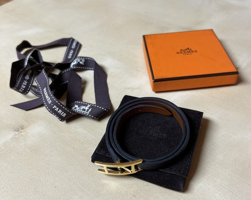 HERMÈS Bracciale Hermes Behapi Doppio Tour Pelle Noir Fauve Fibbia Oro Misura T5