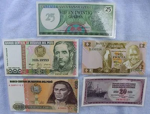 5 Laminated Currency Paper Money Bills Bookmarks Peru Suriname Yugoslavia Zambia - Picture 1 of 2