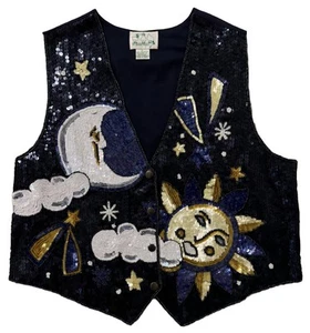 Vintage 90s Celestial Sun Moon Stars Sequin Vest The Quacker Factory Large - Picture 1 of 5