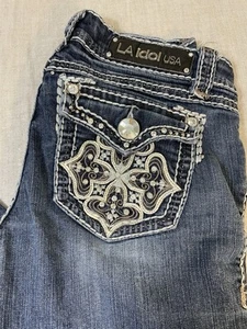 LA Idol Womens Denim Jeans Sz 5 29 X 33 Flare Boot Embroidered Rhinestones Pants - Picture 1 of 6