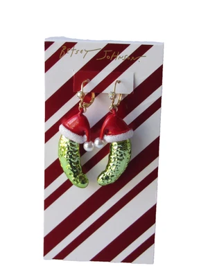 Betsey Johnson Navidad Papá Noel Sombrero Pepinillo Pendientes Colgantes Cristal y Perla NUEVO $48 Foto 1 de 3