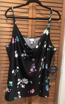 NWT Ava & Viv Tank black Floral Print Colorful w/ spaghetti straps 100% Recycled - Image 1 of 4