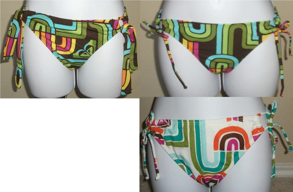 New ROXY geometric shapes on white/brown tie side swim bikini bottom,S,M,L - Image 1 of 1