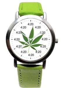 "4:20" Ist die Zeit auf dem Cannabis-Zifferblatt der mittelgroßen Uhr - grünes Armband" - Bild 1 von 4