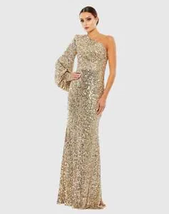 Mac Duggal Gold Pailletten One Shoulder Bischof Ärmel Kleid Größe 14 - Bild 1 von 10