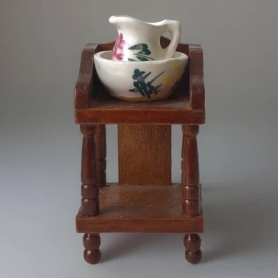 DOLLHOUSE COUNTRY STYLE WOODEN WASHSTAND WITH PORCELAIN  PITCHER & BASIN - Image 1 of 4