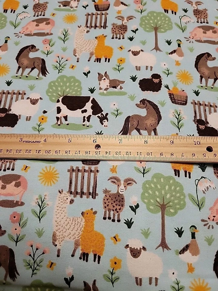 JO-ANN 2 Yards Blue Snuggle Farm Animal/Sheep/Pig/Chicken Flannel Fabric