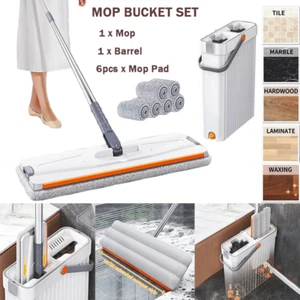 Floor Mop with Bucket 6 Microfiber Cloth Thickened Wet and Dry Lazy Flat Mop - Picture 1 of 10
