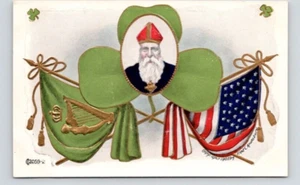 POSTCARD ST. PATRICK'S DAY EMBOSSED FLAGS & SHAMROCK - Picture 1 of 2