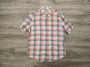 LL Bean Linen Shirt Mens Medium Blue Pink Plaid Slightly Fitted Button Up 501962 - Picture 1 of 14
