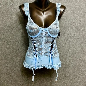 GWorld Babydoll Chemise Lace-up Baby Blue Garter Cottage Fairy Sexy Lingerie MED - Picture 1 of 9