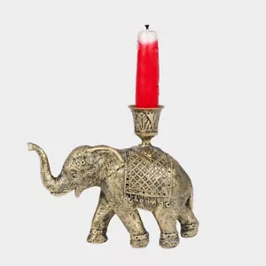 Gold Aged Elephant Candlestick Animal Statue Resin Dinner Candle Holder Ornament - Picture 1 of 1