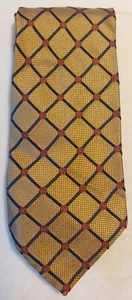 LANVIN Gold & Navy Diamond Grid Silk With Red Embroidered Corner Detail Tie - Imagen 1 de 9