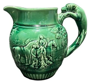 Vintage WEDGWOOD HUNTING SCENE GREEN MAJOLICA PITCHER JUG 6"Hx7.5"W - Picture 1 of 5