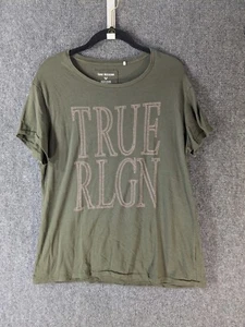 Camisa TRUE RELIGION Mujer XL Brillante Dorado Logo Manga Corta Tejida Verde Ejército Top - Imagen 1 de 8