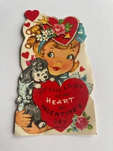 Tarjeta de San Valentín Lustre Brite Niña con Puppy Place in my Heart Años 50/60 Sin Usar Nueva de Lote Antiguo - Imagen 1 de 2