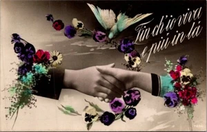 Man and Woman Holding Hands FLOWERS Dove ROMANCE c1910 FRANCE Postcard - Picture 1 of 2