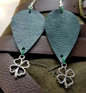 Dark Green Teardrop Shaped Leather Earrings with a Shamrock Charm Dangles - Picture 1 of 7
