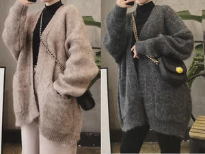 Women Knitted Open Front Wool Cotton Blend Cardigan Long Sleeve Top Sweater - Picture 1 of 17