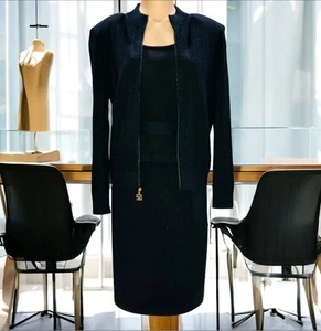 Colección St John Conjunto de 4 Santana Tejido Negro Traje Chaqueta Falda Top Cinturón Talla S 8 - Imagen 1 de 17