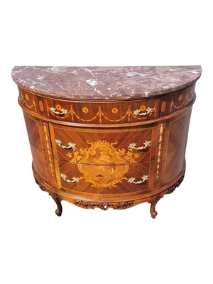1920s French Walnut Rosewood Inlay Demilune Sideboard Cabinet Marble Top - Image 1 of 4