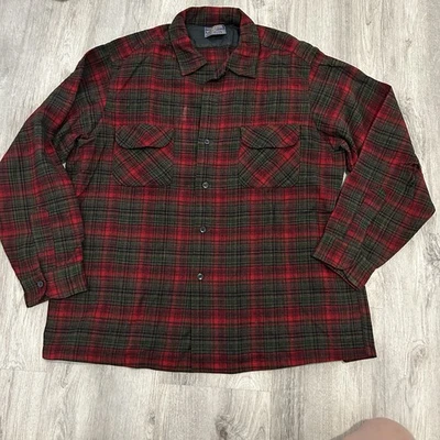 Camisa de Franela de Lana Virgen Pendleton Vintage Hombres XL Roja Gris A Cuadros Abotonada DEFECTUOSA Foto 1 de 4