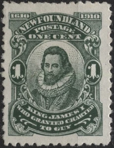 Kanada Neufundland 1910 #87 1c deep green K James I, perf 12x11, MH - Bild 1 von 1