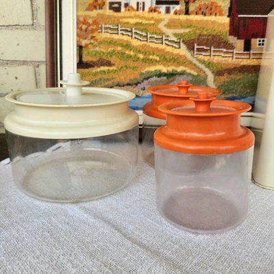1970s Tupperware Canister Orange Tan Vintage Kitchen Storage Pop Top Tupperware - Image 1 of 4