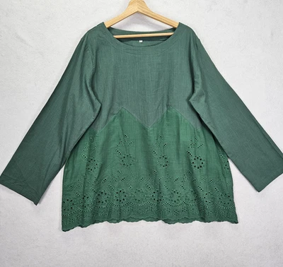 Women's Top Long Sleeve Eyelet Floral Blouse Plus Size 3x Green Cotton Resort - Image 1 of 4