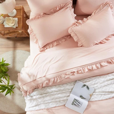 Queen Comforter Set 7 Piece, Pink Bed in a Bag Queen, Blush-ruffle - Image 1 of 4