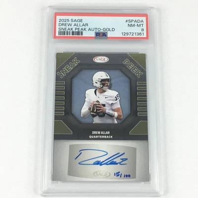 Camiseta deportiva Sage Drew Allar Sneak Peek Auto SPADA Gold 15/100 2025 número PSA 8 casi nueva-como nueva Foto 1 de 4