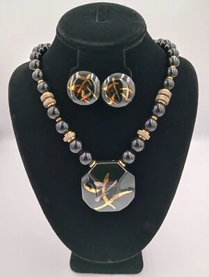 Estate Japan? Juego de collar y pendientes de porcelana pintados a mano en tono negro y dorado Foto 1 de 4