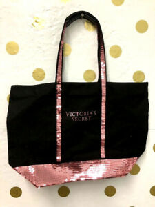 Victoria's Secret Bling Pink Sequin Sparkle Black Tote Bag NWT