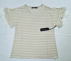 NEW Doe & Rae SZ M Double Ruffled Short Sleeve Gold/Tan White Striped Shirt Top - Picture 1 of 4