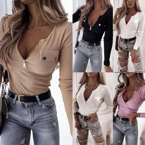 Womens Sexy Zipper V Neck Tops Slim Fit Ladies Long Sleeve Blouse T-Shirt Tee US - Picture 1 of 18