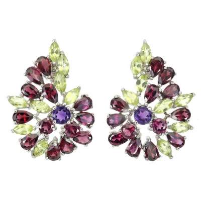 Orecchini In Argento Sterling 925 Con Peridoto, Ametista E Rodolite - Immagine 1 di 4