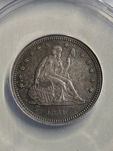 1861 Seated Quarter, ANACS55 Details, Beautiful, Civil War Era, Free shipping Cover