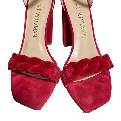 Stuart Weitzman Amelina Sandals Ankle Strap Size 10 Red Suede Velvet Chain Strap - Image 1 of 4