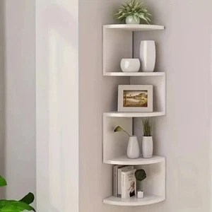 White 5 Tier Floating Corner Shelf Wooden Storage Display Rack Unit Wall Mounted - Picture 1 of 11