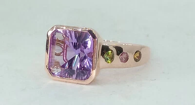 Large Natural Rose de France Amethyst Solitaire Ring with Rainbow Tourmaline Acc - Image 1 of 4