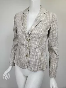 CABI Beige White Gingham Puckered Cotton Button Jacket Blazer sz XS - Picture 1 of 2