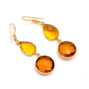 Citrine Gemstone Handmade Gold Plated 925 Sterling Silver Earring Jewelry - Picture 1 of 6