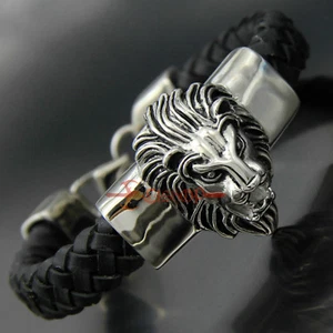 Stainless Steel Braided Leather Lion Head Men's Biker Bracelet Silver Black - Picture 1 of 9