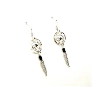 Pendientes atrapasueños de plata de ley con cuentas negras con plumas de plata B1 Foto 1 de 3