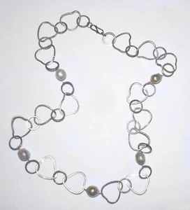 COLLAR GENUINO BIWA PERLA CADENA ABIERTA ARTESANAL 34" PLATEADO HECHO A MANO - Imagen 1 de 3