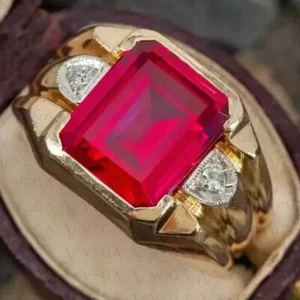 6.20CT Emerald Cut Ruby & Diamond Engagement Men's Ring 18K Dual Gold Over - Picture 1 of 6