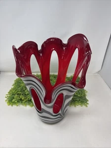 Krosno Black White Zebra Stripe Art Glass Vase Red Cased Inside 13.5" - Picture 1 of 15