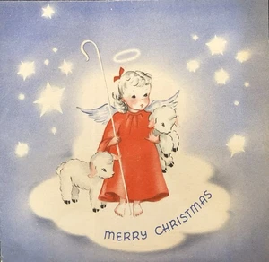 Vintage Weihnachtsgrußkarte süßer Engel in roten Flügeln Heiligenschein Stab auf Wolkensternen - Bild 1 von 3