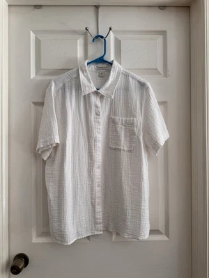Camisa Coldwater Creek Algodón Gasa Blanca Manga Corta Bolsillo Abotonado Talla L Foto 1 de 4