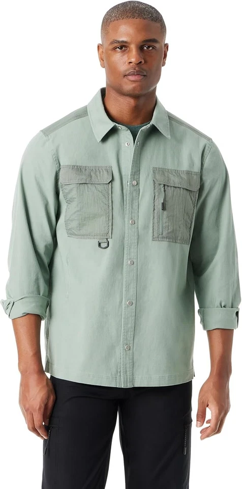 BASS OUTDOOR Mens Stretch Worker Snap Front Shacket in Lily Pad Size XXL